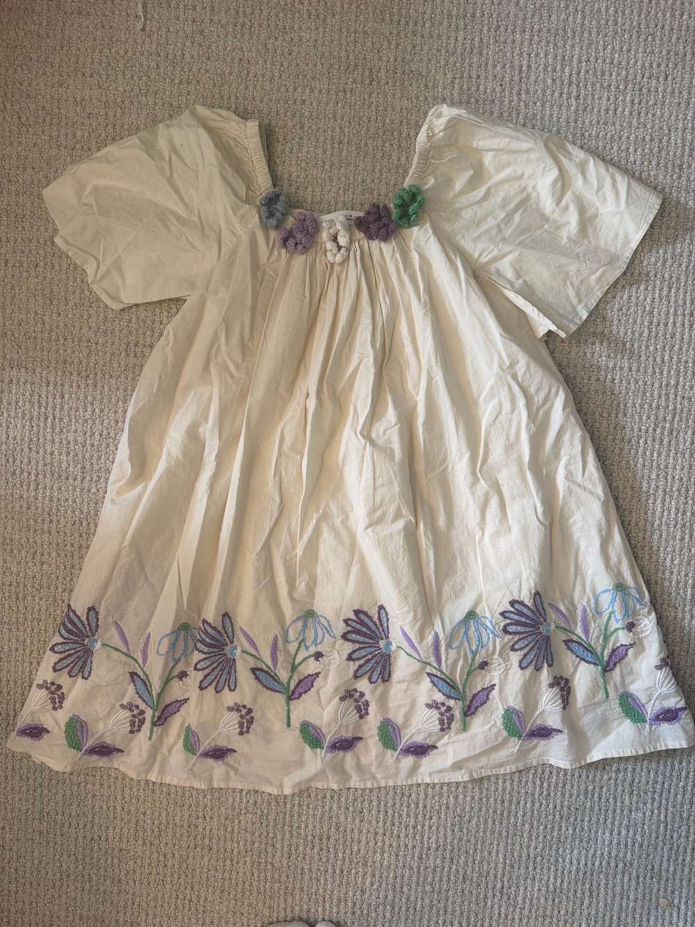 Zara Cream Girls mini dress with Purple and Green Floral Embroidery
